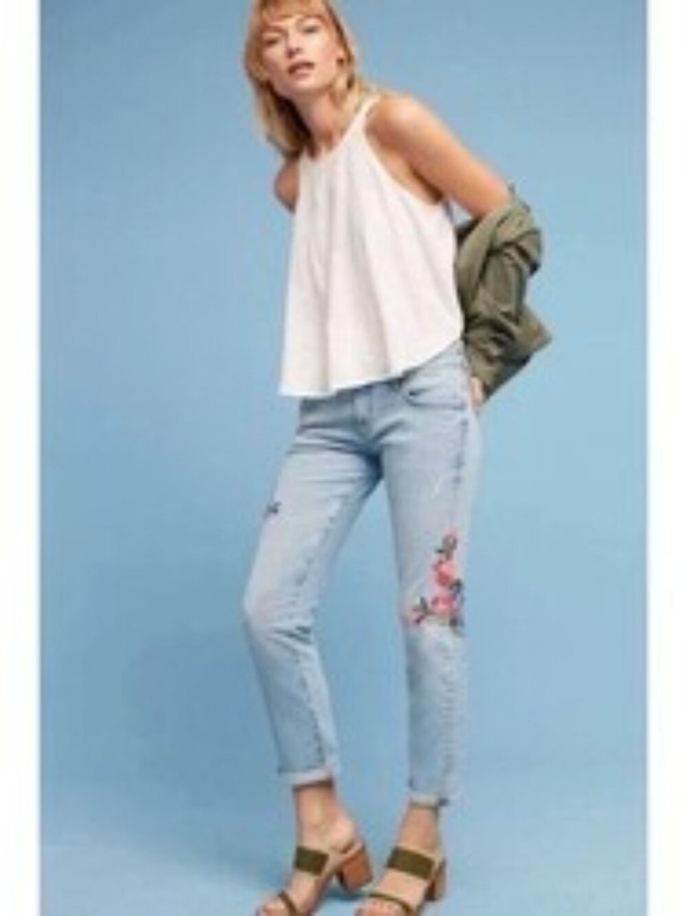 PILCRO Anthropologie Floral Embroidered Mid-Rise Ankle Jeans 40 Inch Waist